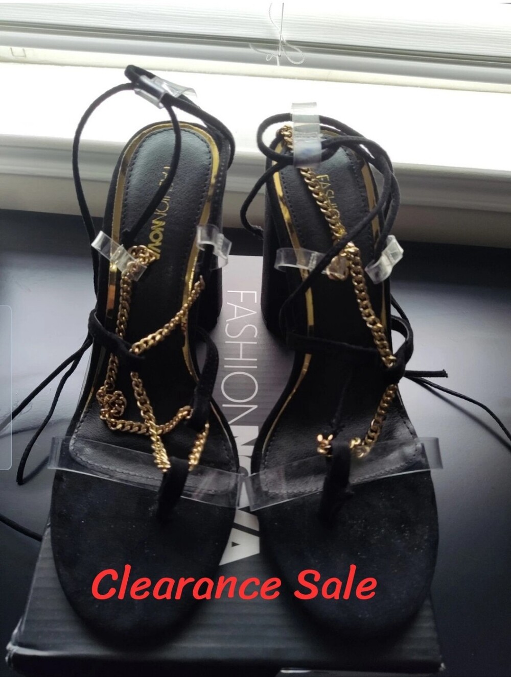Fashion Nova Sz 8 Clear Black High Block Heel Shoes Ankle Strappy Sandals Evenin